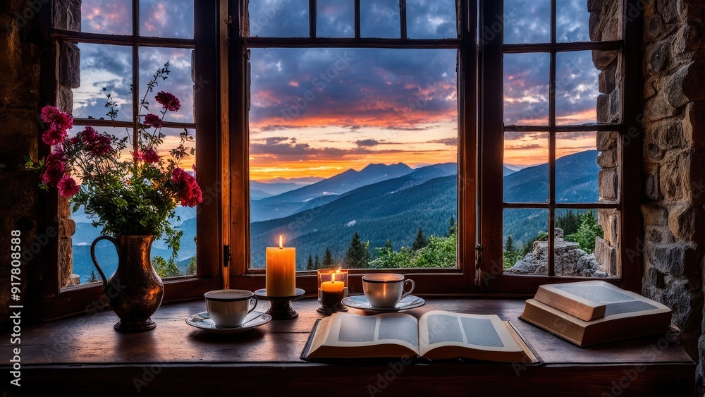 Castle view, cozy room, magical night sky, sunset, introspection, melancholy, isolation, candlelight, flowers, steaming tea, vivid colors, ultra-HD, realism, historical, abstraction Castle view, cozy room, magical night sky, sunset, introspection, melancholy, isolation, candlelight, flowers, steaming tea, vivid colors, ultra-HD, realism, historical, abstraction