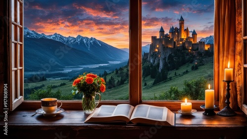 Castle view, cozy room, magical night sky, sunset, introspection, melancholy, isolation, candlelight, flowers, steaming tea, vivid colors, ultra-HD, realism, historical, abstraction