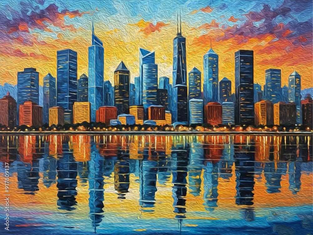 Fototapeta premium Oil painting. Skyscrapers. Pattern for printing on wall decorations, fabrics, and for use in graphics. Generated by Ai