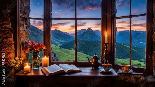 Castle view, cozy room, magical night sky, sunset, introspection, melancholy, isolation, candlelight, flowers, steaming tea, vivid colors, ultra-HD, realism, historical, abstraction