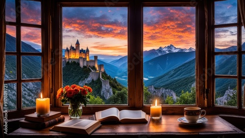 Castle view, cozy room, magical night sky, sunset, introspection, melancholy, isolation, candlelight, flowers, steaming tea, vivid colors, ultra-HD, realism, historical, abstraction