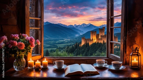 Castle view, cozy room, magical night sky, sunset, introspection, melancholy, isolation, candlelight, flowers, steaming tea, vivid colors, ultra-HD, realism, historical, abstraction