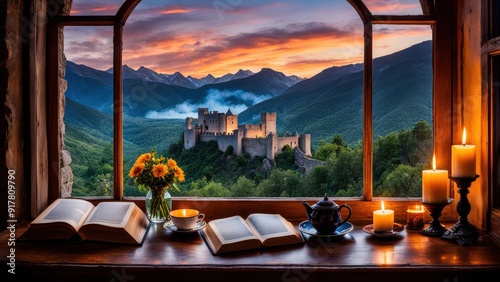 Castle view, cozy room, magical night sky, sunset, introspection, melancholy, isolation, candlelight, flowers, steaming tea, vivid colors, ultra-HD, realism, historical, abstraction