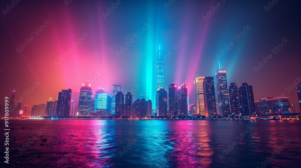city skyline at night Artificial aurora borealis man-made light show over city