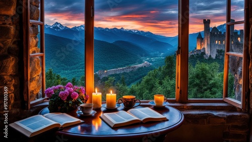Castle view, cozy room, magical night sky, sunset, introspection, melancholy, isolation, candlelight, flowers, steaming tea, vivid colors, ultra-HD, realism, historical, abstraction