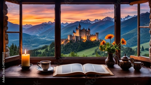 Castle view, cozy room, magical night sky, sunset, introspection, melancholy, isolation, candlelight, flowers, steaming tea, vivid colors, ultra-HD, realism, historical, abstraction