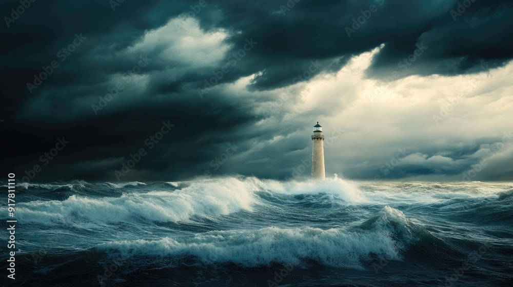 A solitary lighthouse stands tall amidst crashing waves in a stormy sea, with dark clouds looming overhead. A solitary lighthouse stands tall amidst crashing waves in a stormy sea, with dark clouds looming overhead.