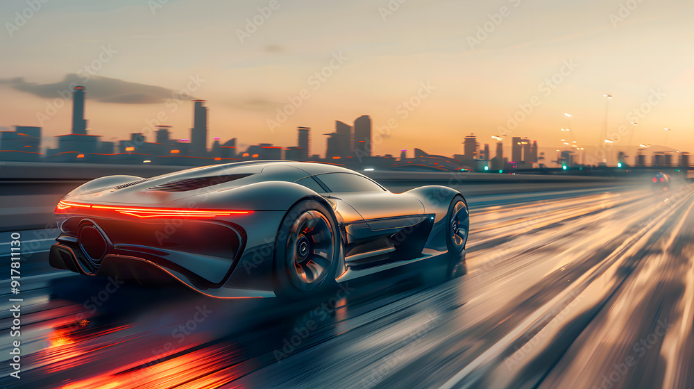 Luxury car speeding on a sleek modern highway with futuristic city skyline in the background. High-tech and urban concept, with sleek lines, fast motion, and a sense of sophistication. Luxury car speeding on a sleek modern highway with futuristic city skyline in the background. High-tech and urban concept, with sleek lines, fast motion, and a sense of sophistication.