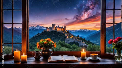 Castle view, cozy room, magical night sky, sunset, introspection, melancholy, isolation, candlelight, flowers, steaming tea, vivid colors, ultra-HD, realism, historical, abstraction