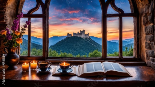 Castle view, cozy room, magical night sky, sunset, introspection, melancholy, isolation, candlelight, flowers, steaming tea, vivid colors, ultra-HD, realism, historical, abstraction