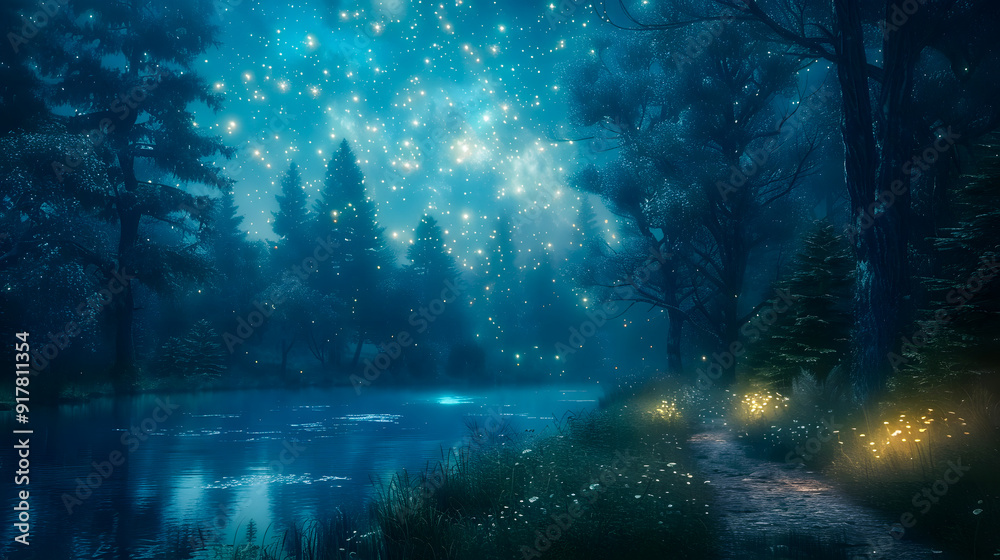 Magical fantasy fairy tale scenery, night in a forest Magical fantasy fairy tale scenery, night in a forest