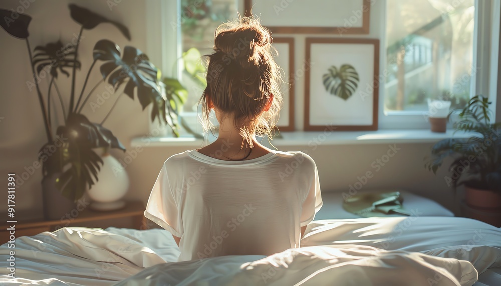 Stylish young woman in airy bedroom Stylish young woman in airy bedroom