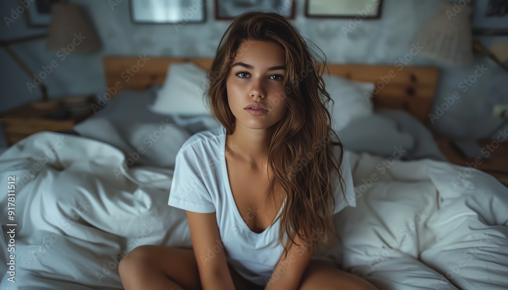 Young woman with modellike figure in airy bedroom Young woman with modellike figure in airy bedroom