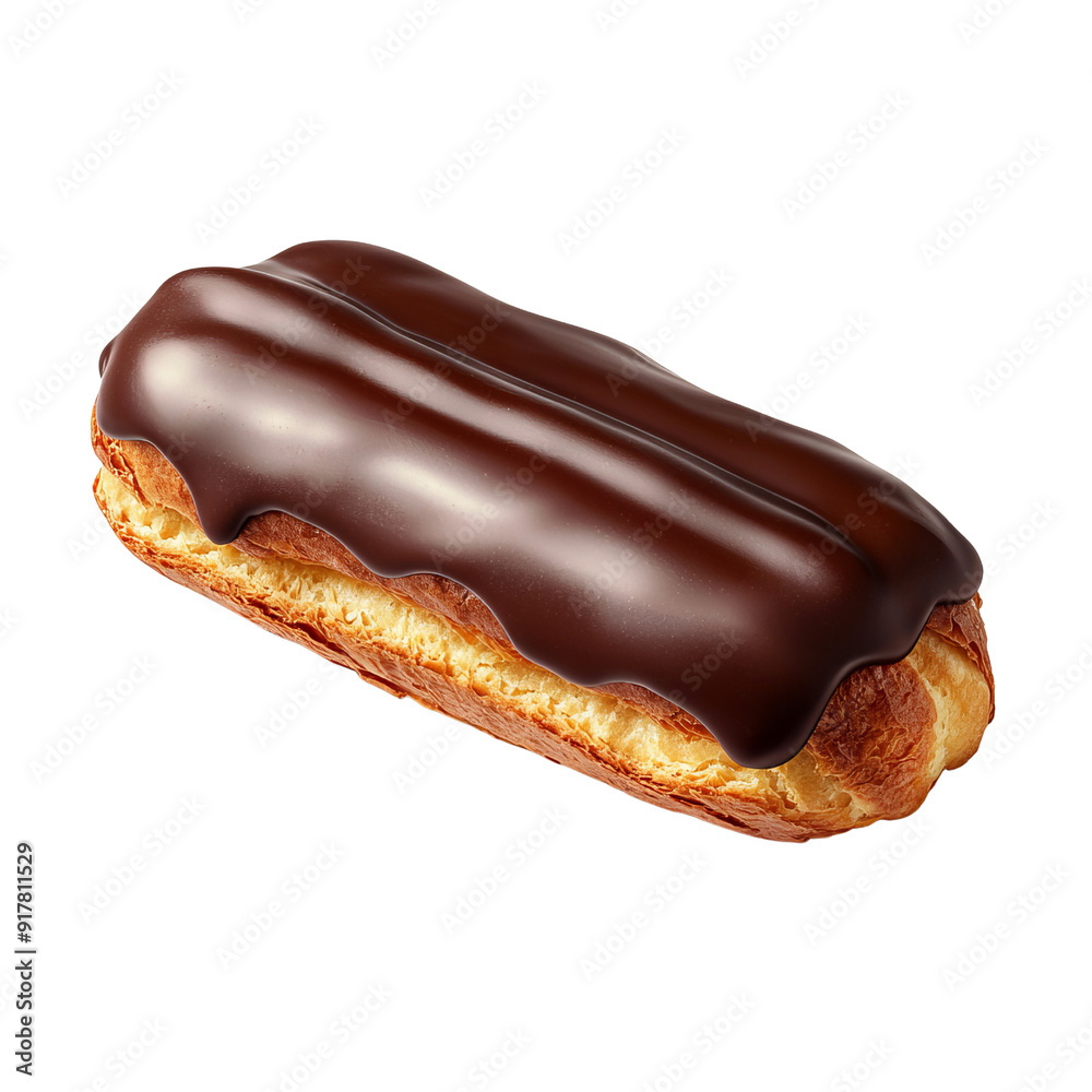 A delicious chocolate-covered eclair, showcasing a flaky pastry filled with cream and topped with rich dark chocolate. A delicious chocolate-covered eclair, showcasing a flaky pastry filled with cream and topped with rich dark chocolate.
