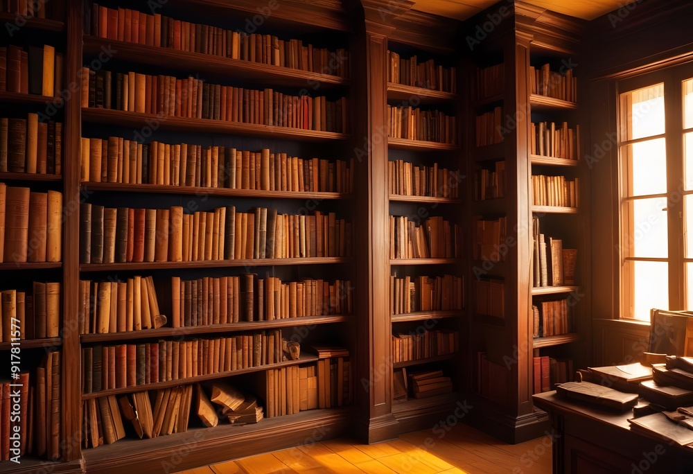 A large, ornate library with wooden bookshelves lining the walls, a red carpet on the floor, and a chandelier hanging from the high, beamed ceiling. The room has a warm, traditional feel with a cozy s