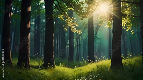 abstract forest in springtime with blurred bokeh light animation and bright sunbeams, idyllic green nature background with space for text or product presentation Generative AI