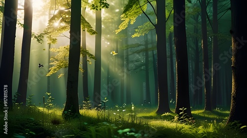 abstract forest in springtime with blurred bokeh light animation and bright sunbeams, idyllic green nature background with space for text or product presentation Generative AI