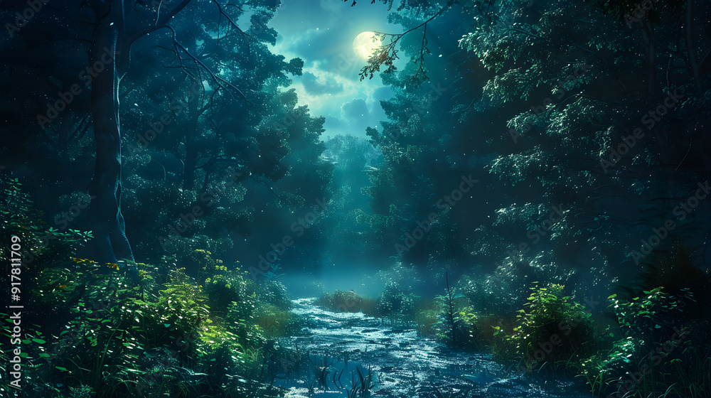 Naklejka premium Magical fantasy fairy tale scenery, night in a forest