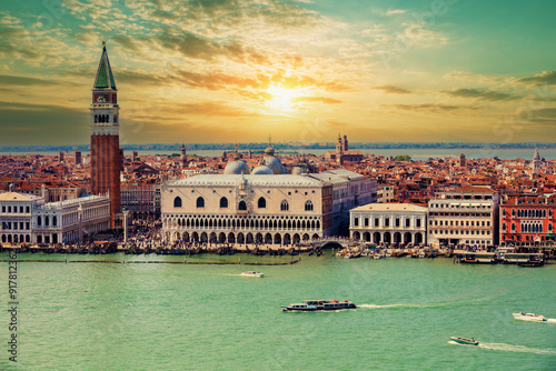 Panoramic view from above of Venice at sunset. Italy