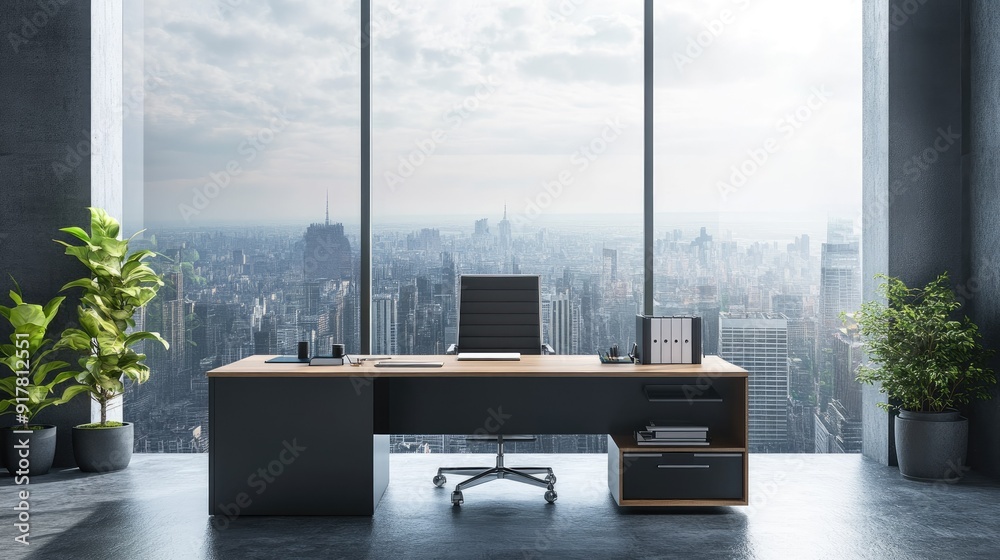 Fototapeta premium Home office with a large window, organized space, and a cityscape view