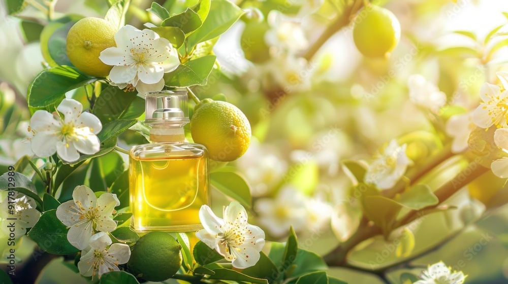 A bottle of perfume is sitting on a tree branch next to a bunch of flowers A bottle of perfume is sitting on a tree branch next to a bunch of flowers