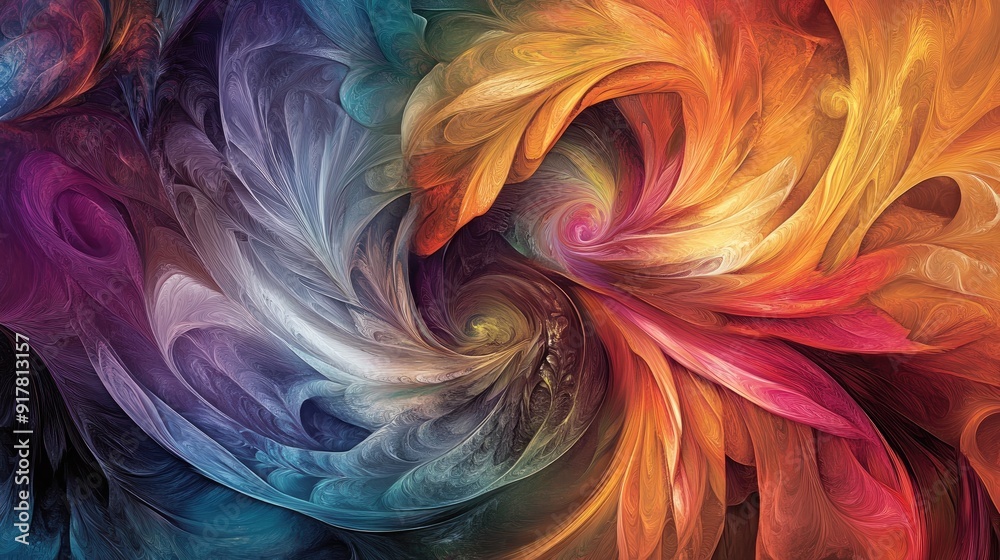 Kaleidoscopic hues and swirling shapes merge with feathery textures, creating a vibrant abstract harmony Kaleidoscopic hues and swirling shapes merge with feathery textures, creating a vibrant abstract harmony