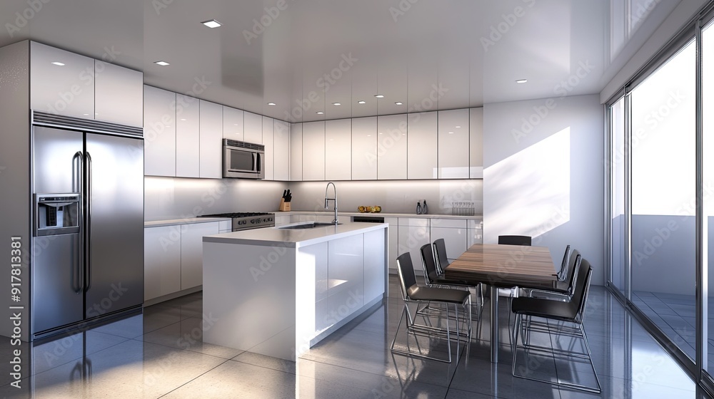 Minimalist kitchen with clean lines, white cabinets, and stainless steel appliances Minimalist kitchen with clean lines, white cabinets, and stainless steel appliances
