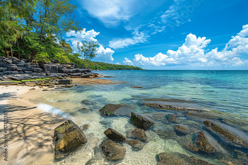 Coastal Scenery of The Long Beach on Phu Quoc Island  Vietnam  a Popular Tourism Destination for Summer Vacation in Southeast Asia  with Tropical Climate and Beautiful Landscape. 
