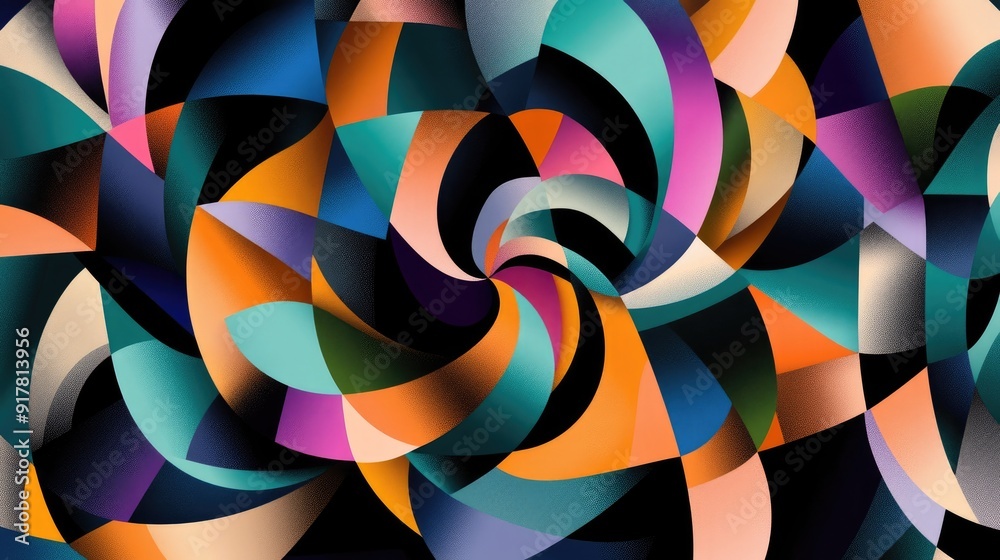 Multicolored geometric shapes in a seamless swirling pattern, connected by angular lines, creating dynamic digital energy Multicolored geometric shapes in a seamless swirling pattern, connected by angular lines, creating dynamic digital energy