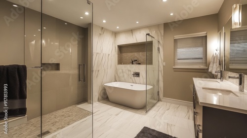 Modern luxury bathroom with sleek design, freestanding tub, and large shower