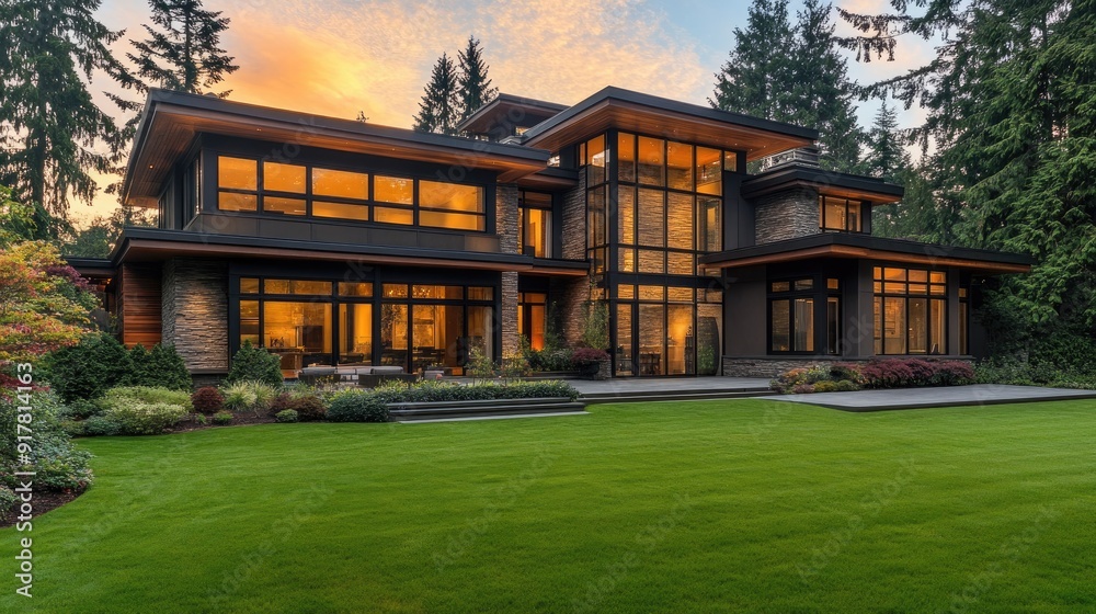 Modern luxury home exterior with large glass windows and manicured lawn Modern luxury home exterior with large glass windows and manicured lawn