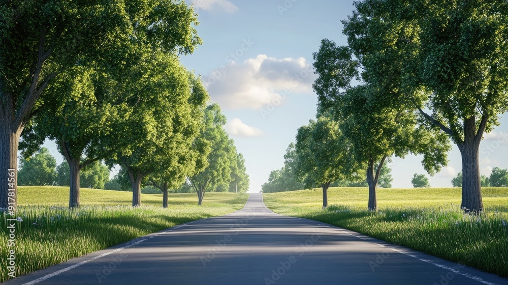 Realistic 3D render of a country road lined with trees and fields Realistic 3D render of a country road lined with trees and fields