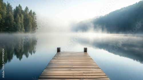 Peaceful lake with a wooden dock and mist rising from the water