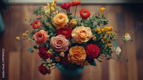 A top view of a vase holding a stunning bouquet of fresh flowers, capturing the beauty and variety from above.