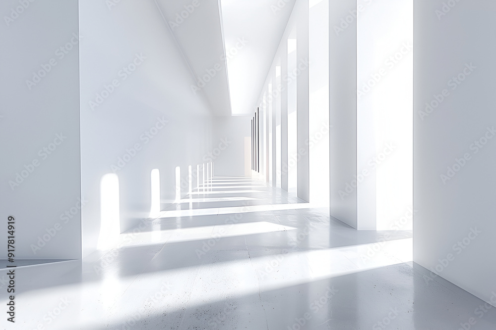 Bright minimalist hallway with long shadows and white walls, creating a clean and spacious atmosphere Bright minimalist hallway with long shadows and white walls, creating a clean and spacious atmosphere