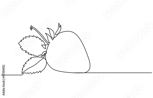 Vector illustration with continuous line drawing Strawberries, Single continuous line drawing of organic strawberry for fruit icon fresh berries fruitage concept