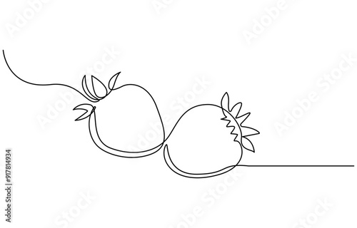 Vector illustration with continuous line drawing Strawberries, Single continuous line drawing of organic strawberry for fruit icon fresh berries fruitage concept