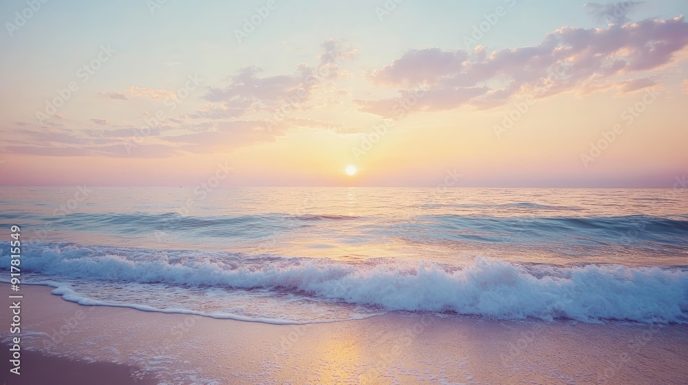 Serene beach at sunrise with gentle waves and a pastel sky