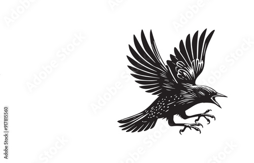 Common Starling Clipart, Starling silhouette, European starling illustration in black and white 