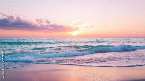 Serene beach at sunrise with gentle waves and a pastel sky