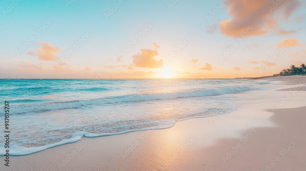 Serene beach at sunset with gentle waves and a vibrant sky Serene beach at sunset with gentle waves and a vibrant sky