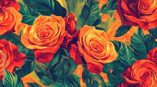 Wallpaper Mural Vibrant roses in a seamless pattern of swirling curves and angular lines, creating a sense of dynamic digital energy Torontodigital.ca