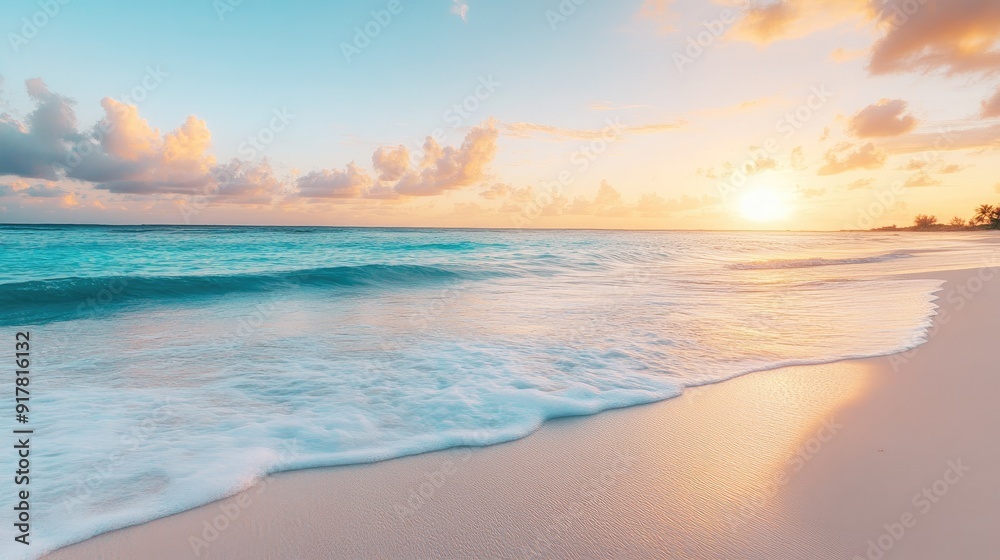 Serene beach with turquoise waters and white sand at sunrise Serene beach with turquoise waters and white sand at sunrise