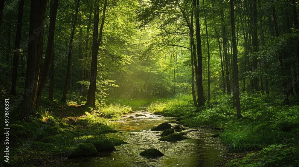 Fototapeta premium Serene forest with a stream and dappled sunlight filtering through