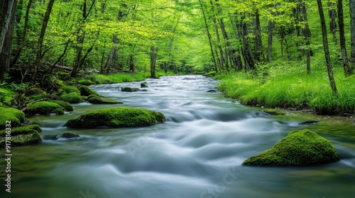 Serene river flowing through a lush green forest, perfect for nature lovers