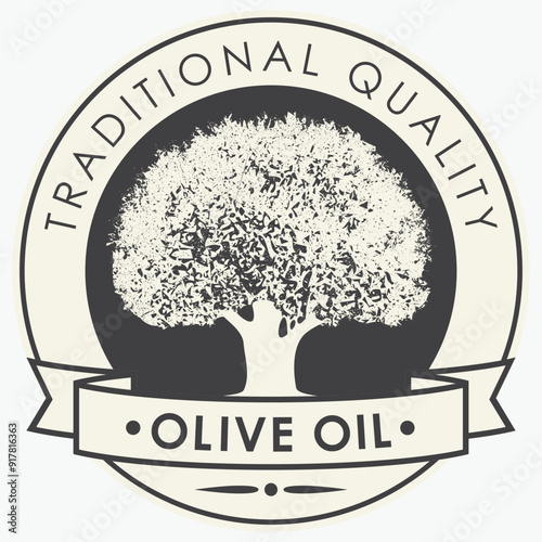 Vector sticker or labels for olive oil of round shape with ribbons in retro style with olive tree