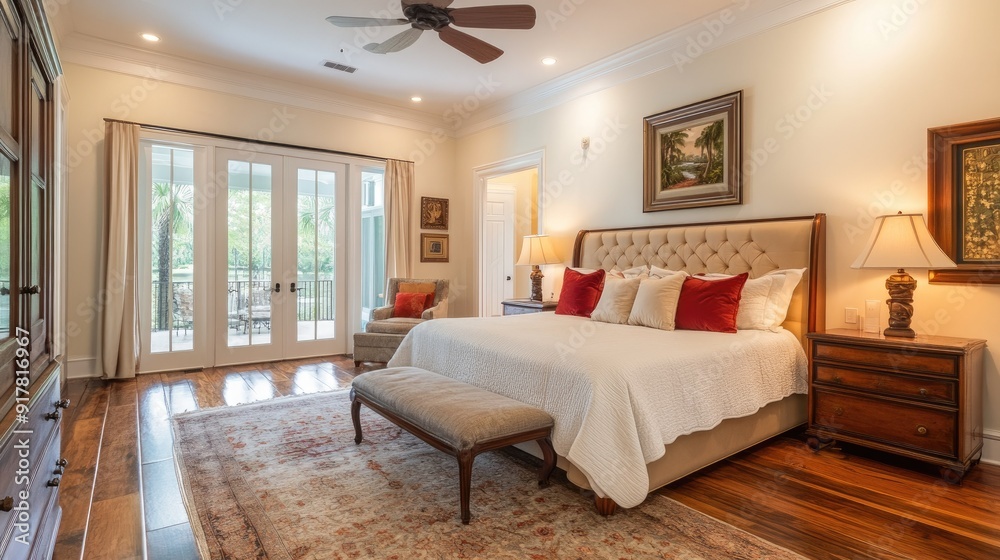 Fototapeta premium Spacious master suite in a luxury home with a king-sized bed and stylish decor