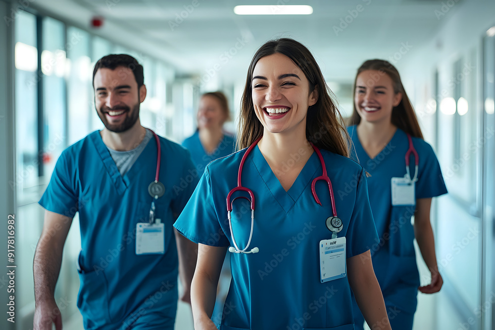 Medical team walking in hospital corridor with smiles. Medical team walking in hospital corridor with smiles.