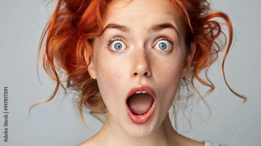 A very surprised young woman with wide open eyes and mouth on a grey background A very surprised young woman with wide open eyes and mouth on a grey background