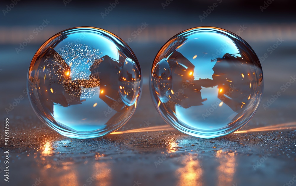 Create a stunning visual of two game bubbles with realistic reflections and shadows, perfect for a fantasythemed video game